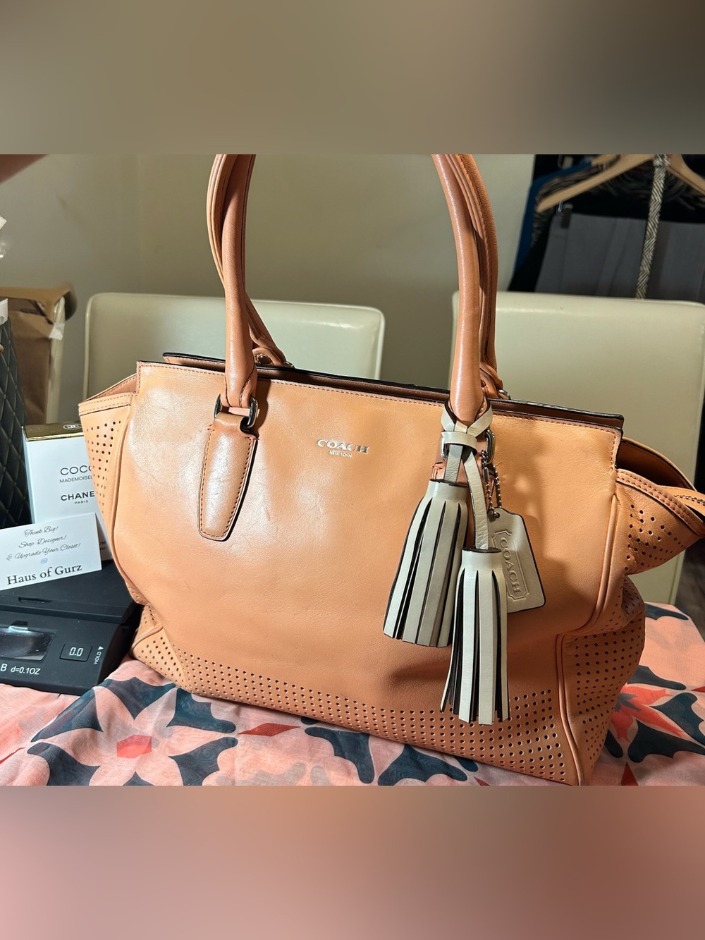Coach Legacy Perforated Medium Candace Carryall in a coral Leather w Tassels